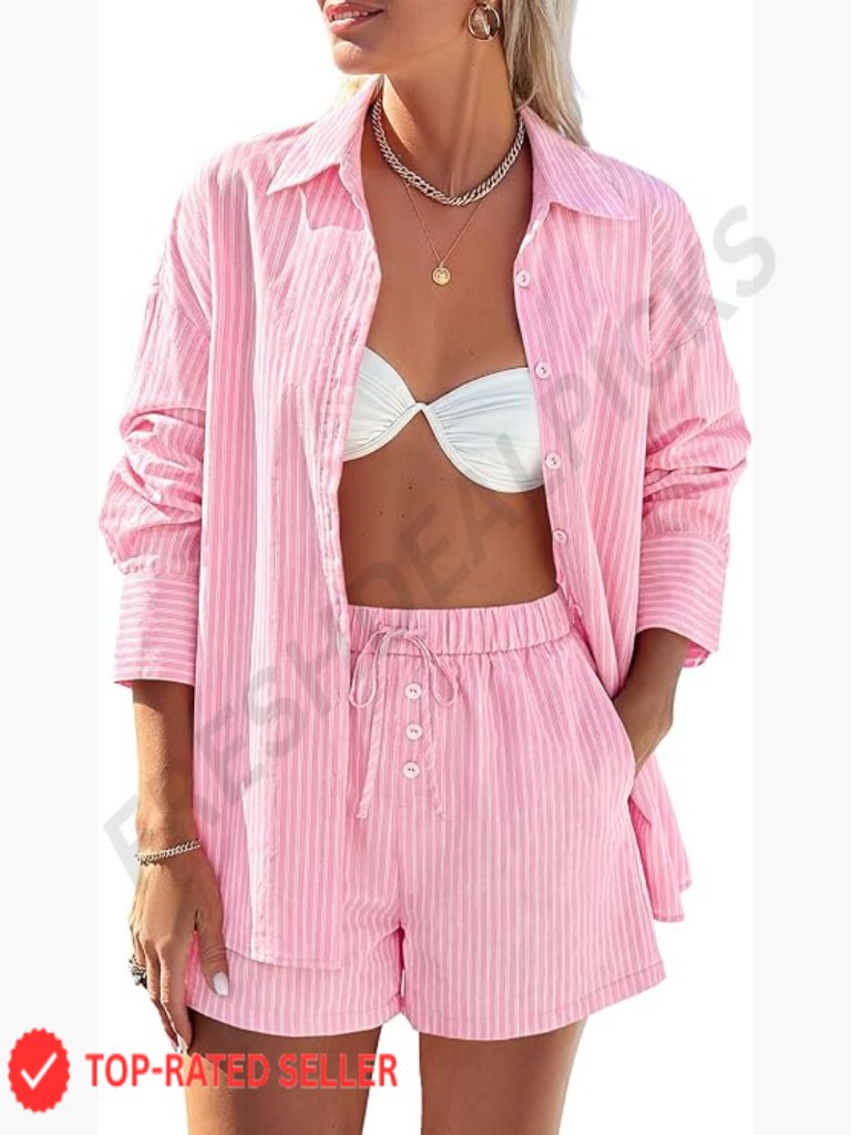 2 Piece Lounge Set Long Sleeve Button Down Shirt And Shorts Soft Cotton Pajamas